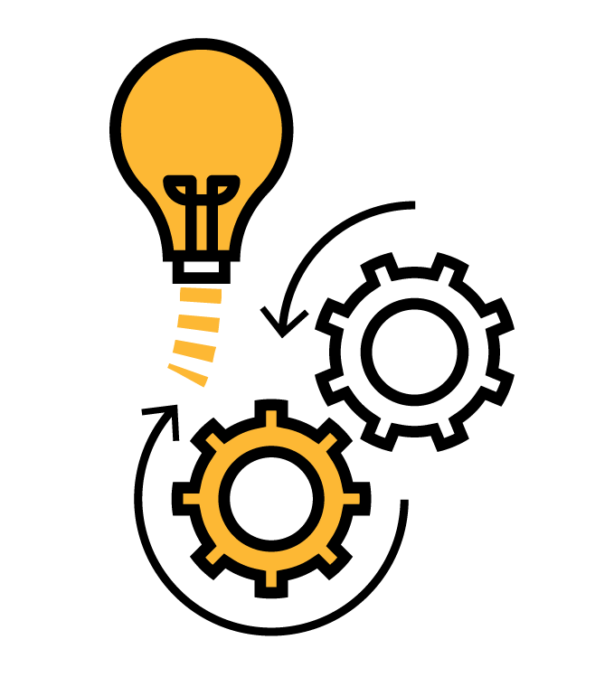 Icon depicting light bulb and rotating gears.