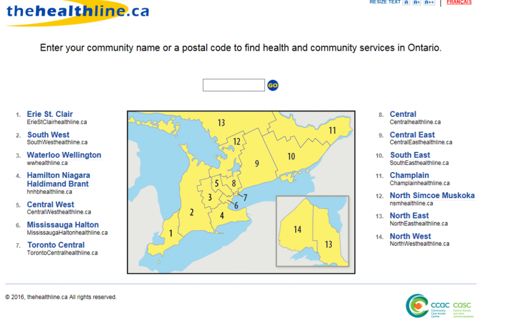 A screenshot of www.thehealthline.ca website’s homepage outlining a LHIN map and search field to find local health and community services across Ontario.